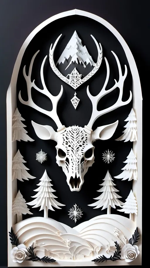 Prompt: black and white, a dark vintage demon deer skull, crest, winter, mountains, ornament