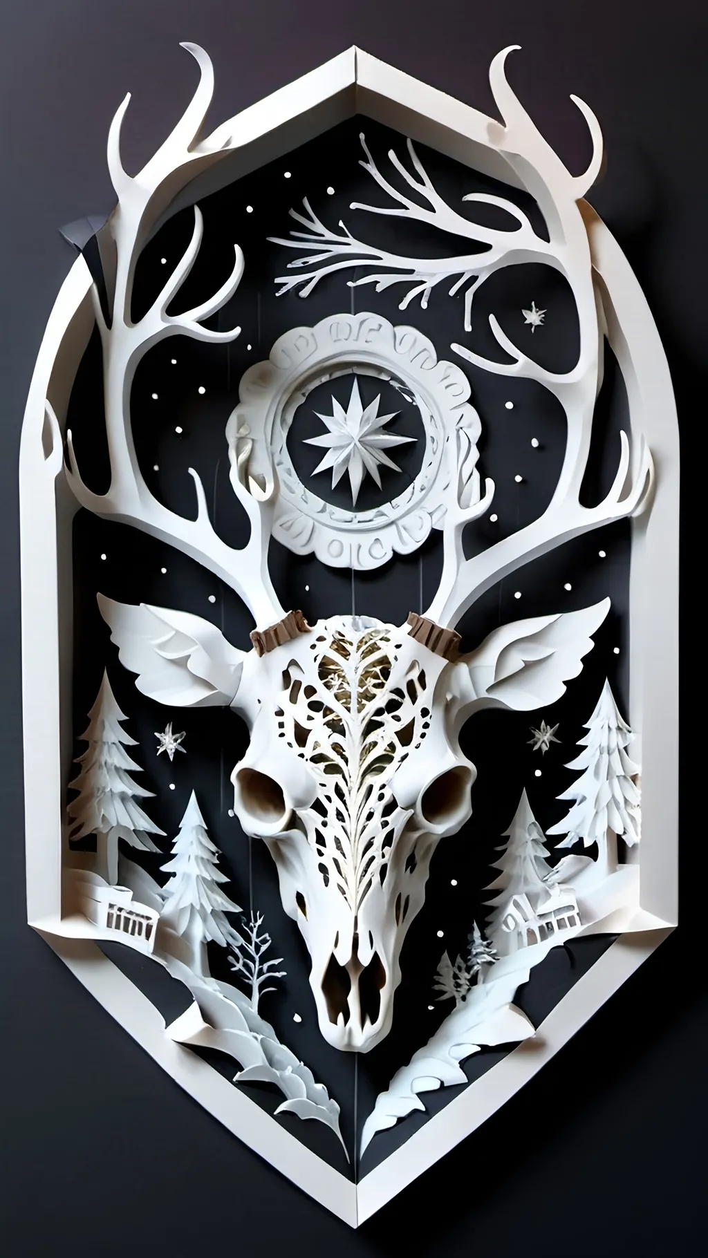 Prompt: black and white, a dark vintage demon deer skull, winter, mountains, ornament