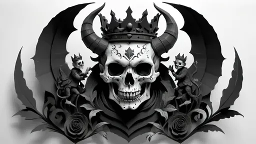 Prompt: black and white, a dark vintage demon skull king, family crest, royal