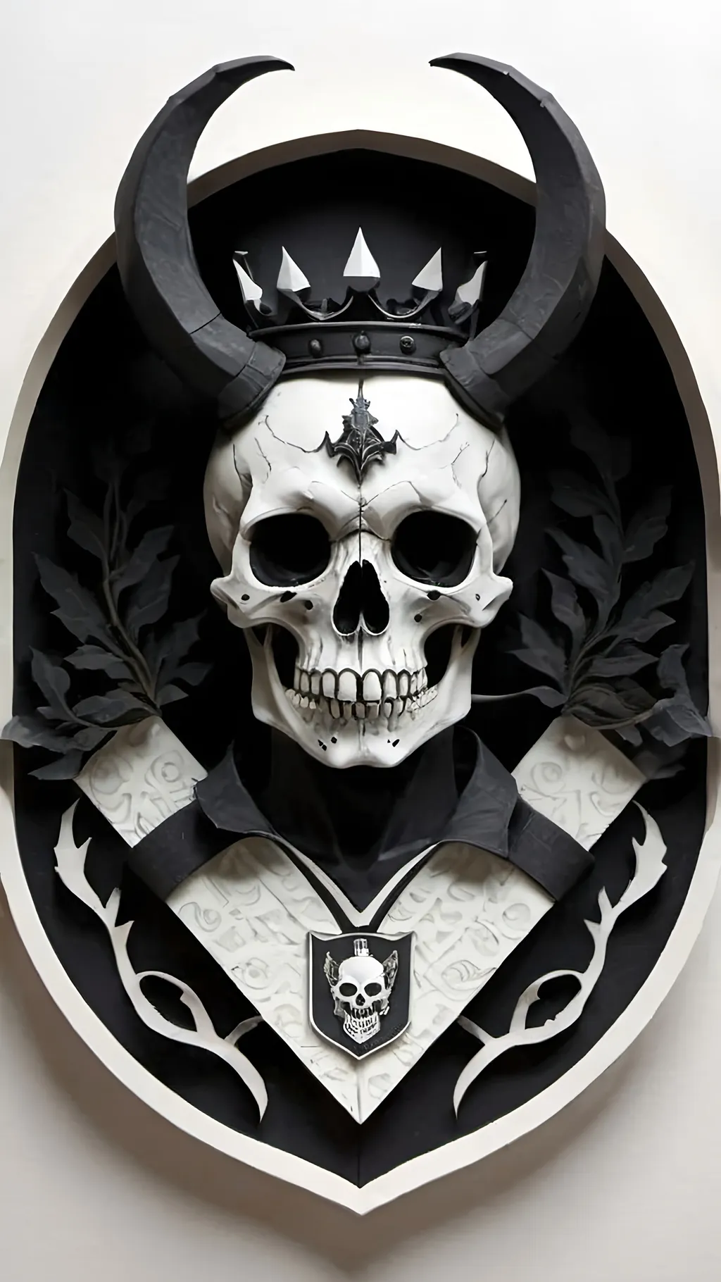 Prompt: black and white, a dark vintage demon skull king, family crest, royal, winter