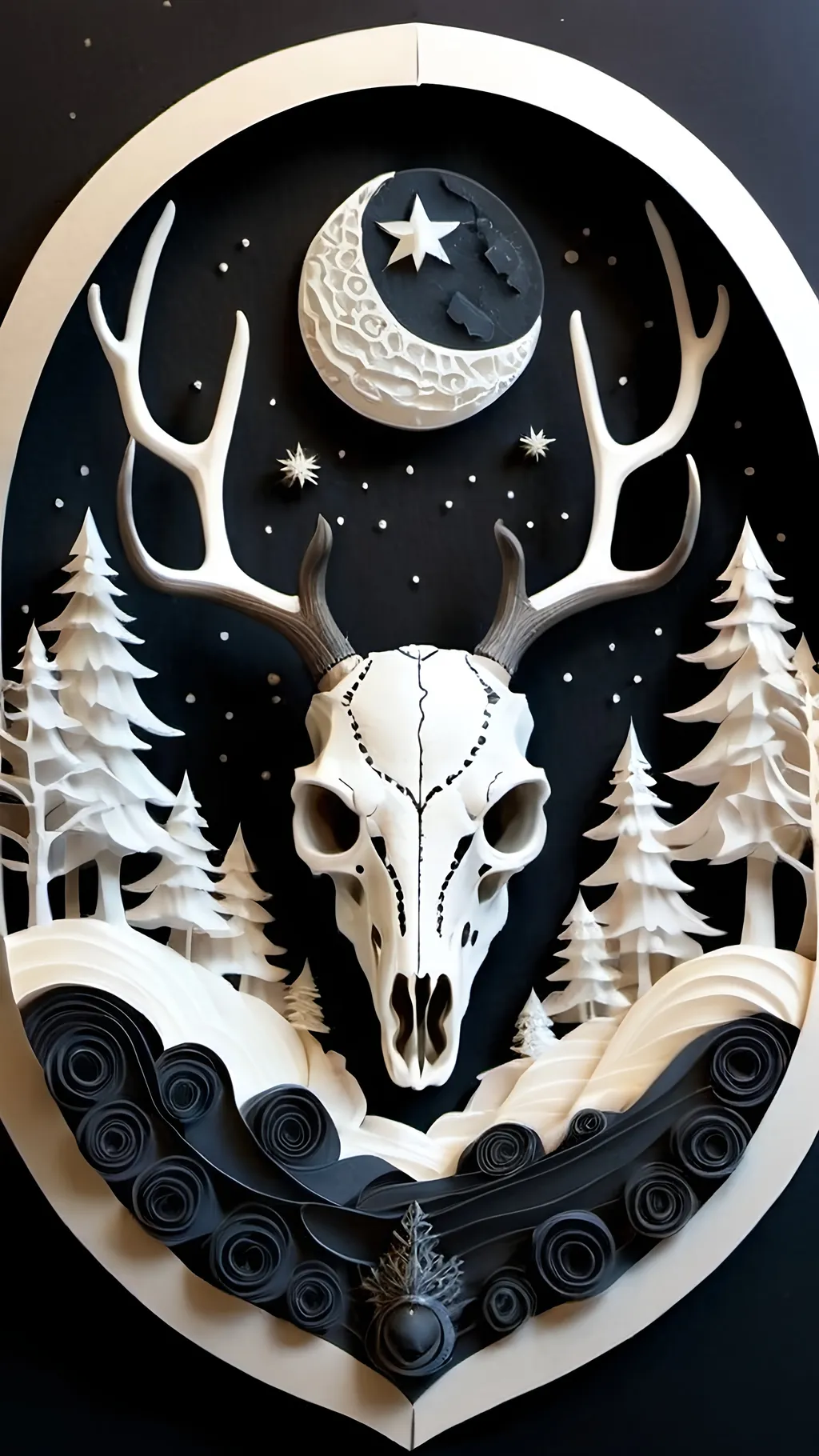 Prompt: black and white, a dark vintage demon deer skull, crest, winter, mountains, moon