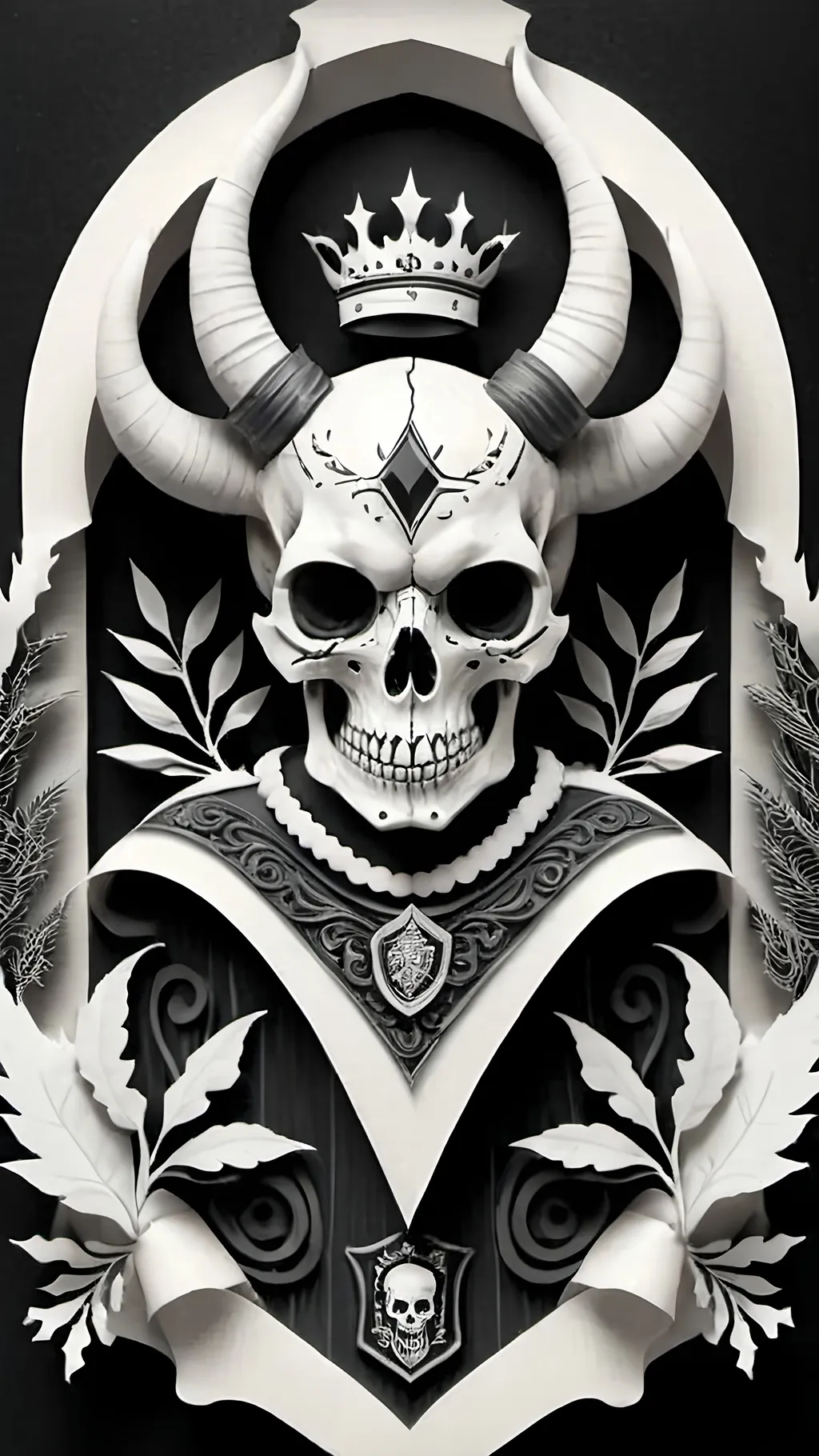 Prompt: black and white, a dark vintage demon skull, crest, royal, winter