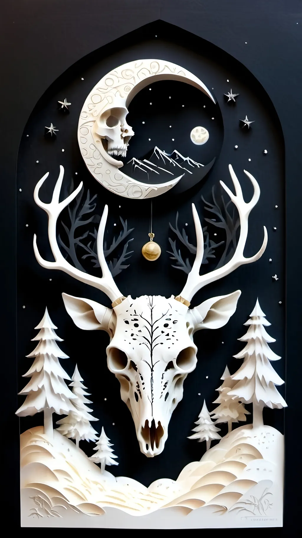 Prompt: black and white, a dark vintage demon deer skull, crest, winter, mountains, moon