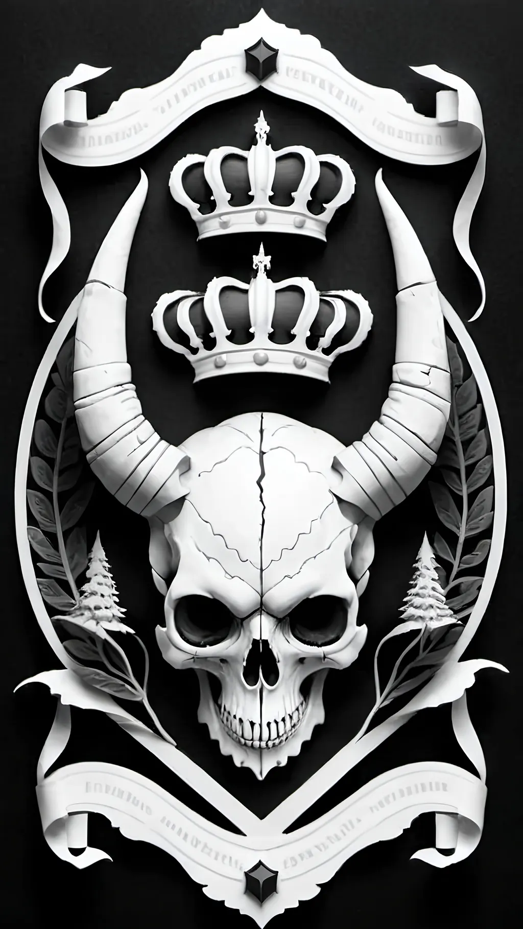 Prompt: black and white, a dark vintage demon skull, family crest, royal, winter