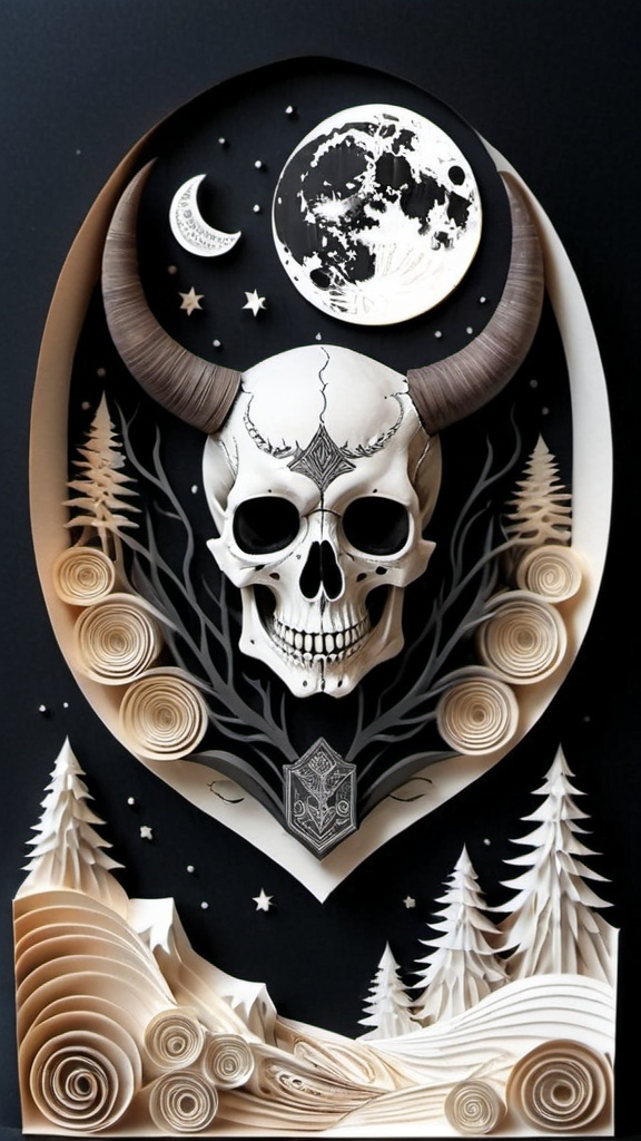 Prompt: black and white, a dark vintage demon skull, crest, winter, mountains, moon cycles