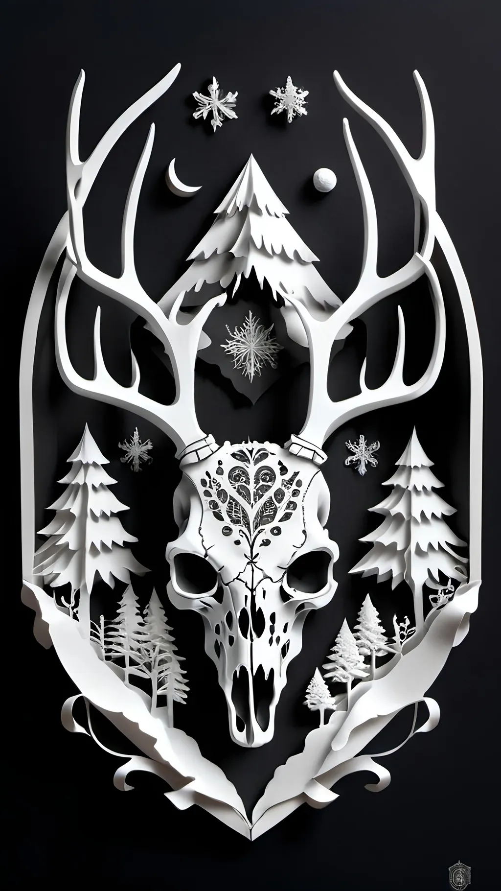 Prompt: black and white, a dark vintage demon deer skull, winter, mountains, ornamental