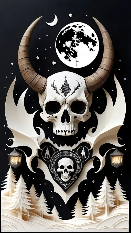 Prompt: black and white, a dark vintage demon skull, crest, winter, mountains, moon cycles