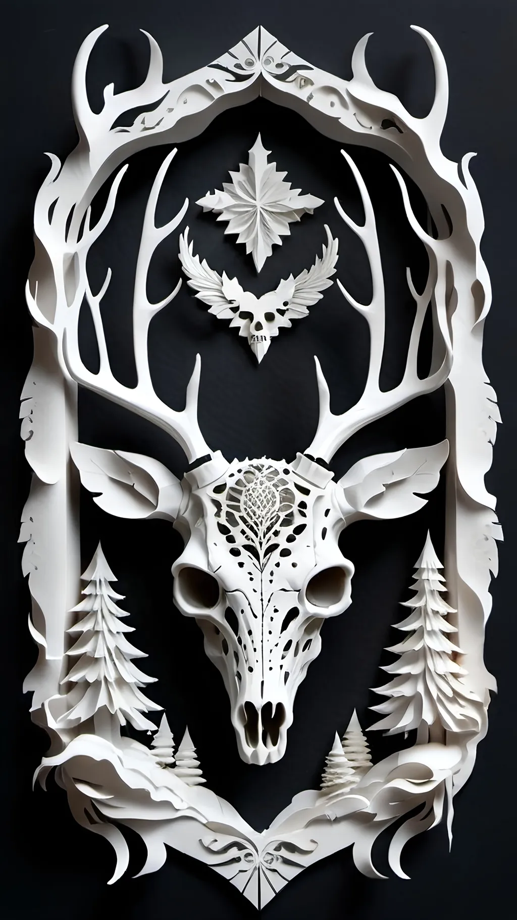 Prompt: black and white, a dark vintage demon deer skull, winter, mountains, ornament