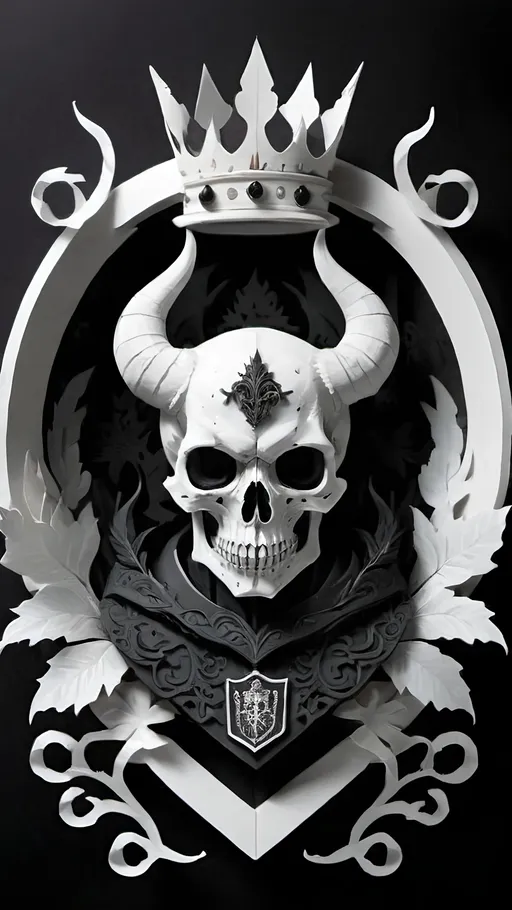 Prompt: black and white, a dark vintage demon skull king, family crest, royal, winter