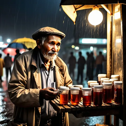 Prompt: A poor old age men selling tea in rainy day in night time nostalgic