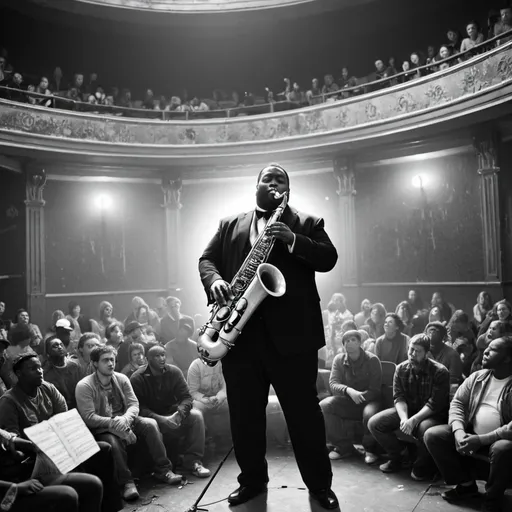 Prompt: black and white image of a black tall fat saxophonist playing in an abandoned theatre with a crowd surrounding him