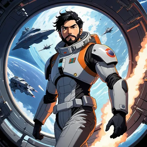 Prompt: 2d studio ghibli anime style, adult male military space pilot with black hair and black beard, operating spacecraft in battle, futuristic, intense action, sleek spaceship design, detailed pilot suit, high-tech controls, dynamic perspective, sci-fi, action-packed, dark and intense color tones, dramatic lighting