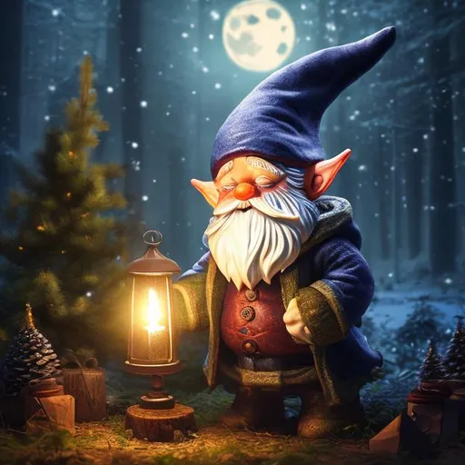 Prompt: Christmas gnome holding a lantern, full moon in the back ground, forest setting, hyper realistic, intricate detail, smooth edges, vibrant colors, 