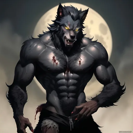 Prompt: Werewolf transitioning from man to beast, skin pealing off, blood dripping from fangs and claws, smooth edges, well rendered