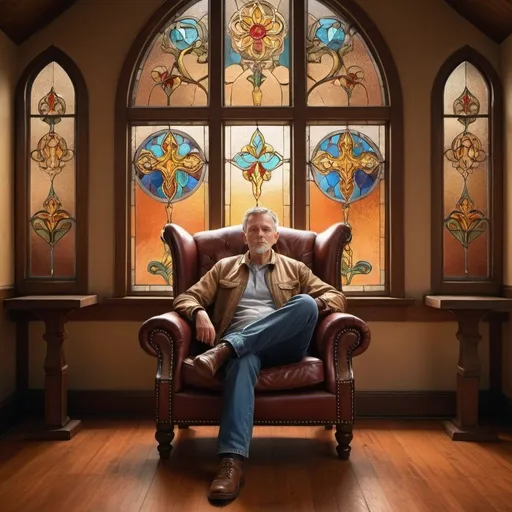 Prompt: Man sitting on chair, stained glass window, high quality, realistic, detailed, contemplative expression, vintage leather chair, warm lighting, vibrant colors, intricate stained glass design, serene atmosphere, traditional art style, detailed features, cozy setting