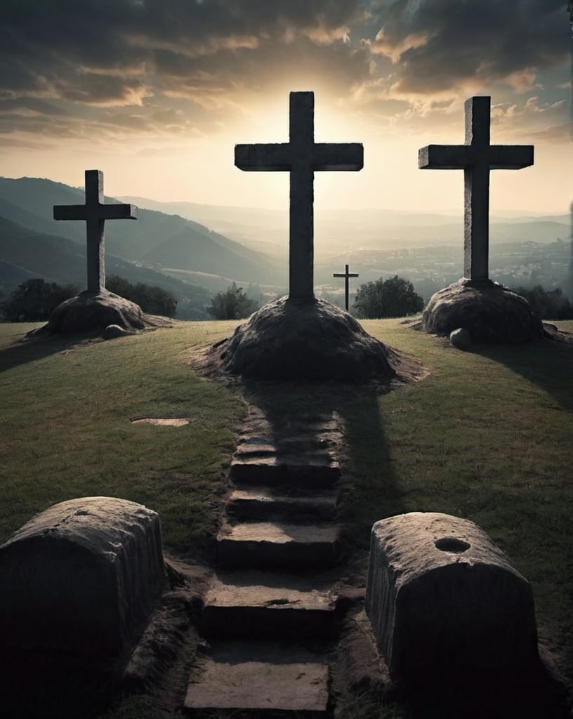 Prompt: I want to give me a landscape of the three crosses far away where jesus died and frim my perspective to see from the tombstone which he was put in