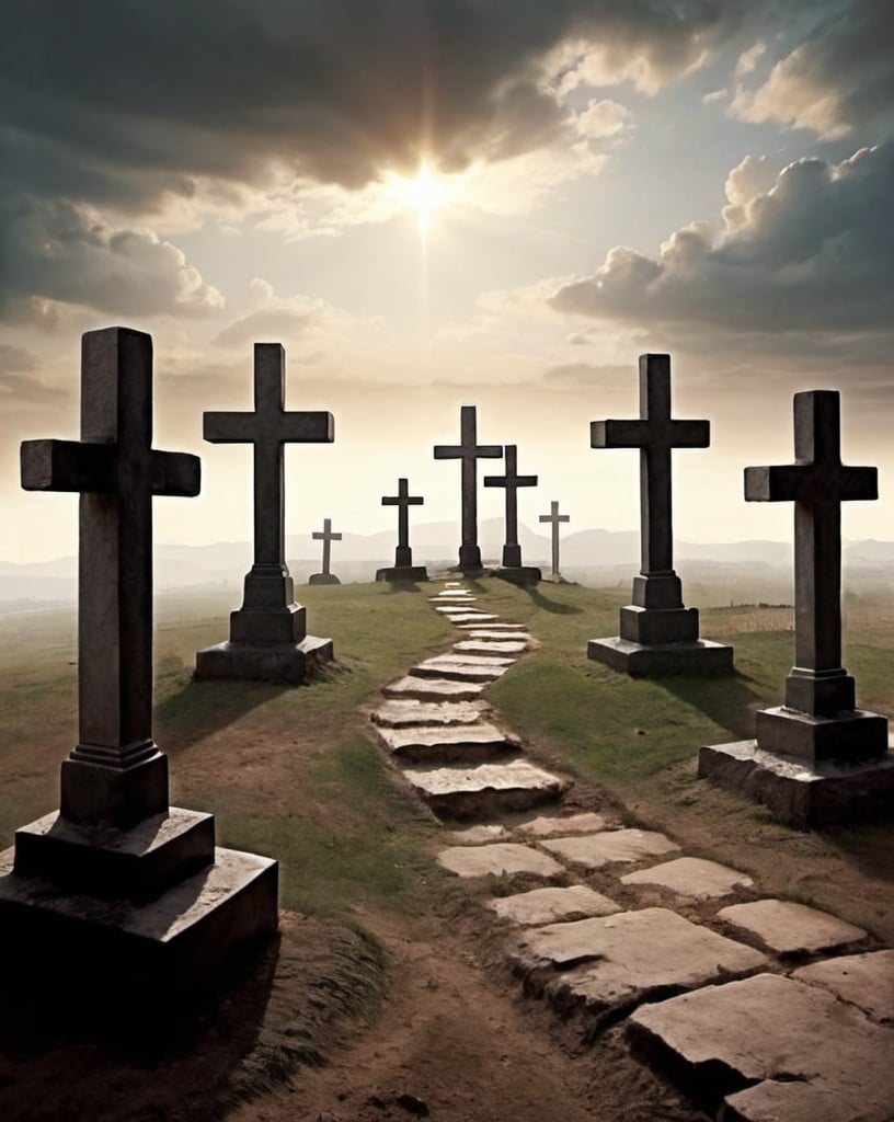 Prompt: I want to give me a landscape of the three crosses far away where jesus died and frim my perspective to see from the tombstone which he was put in