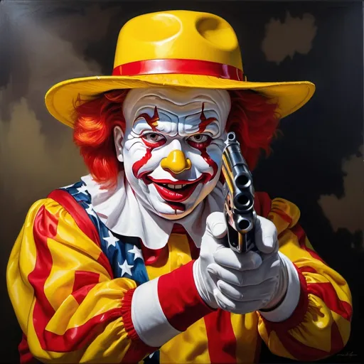 Prompt: Ronald McDonald with a MAGA hat, holding a gun, realistic oil painting, intense expression, vivid colors, dramatic lighting, high quality, detailed portrait, realistic, intense gaze, firearm, traditional art, vibrant colors, dramatic shadows, professional, oil on canvas