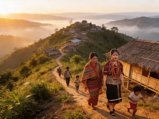 Prompt: Cinematic aerial shots of the Chin Hills in Myanmar, misty mountains at sunrise, traditional Chin villages on hilltops, women wearing colorful Chin textiles, close‑up of handwoven patterns, peaceful rural life, farmers walking along mountain paths, traditional bamboo houses, children playing, slow‑motion shots of Chin cultural dances, warm natural lighting, documentary style, soft atmospheric music, high detail, 4K