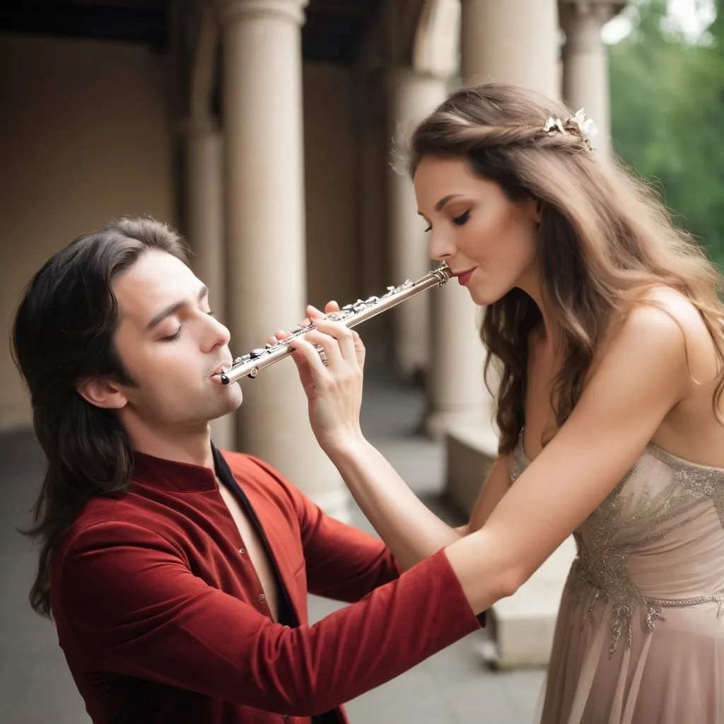 Prompt: A flute player is playing for a beautiful woman