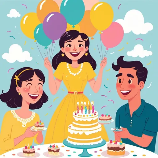 Prompt: 2d flat art, a woman in a yellow dress, vector art, cloudy day, cover art, bright colors, cute illustration. A joyful cartoon scene of a birthday party with cake, presents, and family, with the focus on the 52-year-old sister, soft pastel colors, cheerful mood.