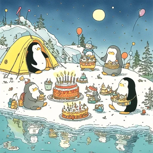 Prompt: <mymodel> Penguins camping on iceberg A joyful cartoon scene of a birthday party with cake, presents, and family, with the focus on the 52-year-old