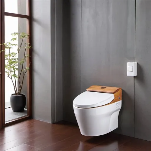Prompt: smart japanese toilet with wood seat