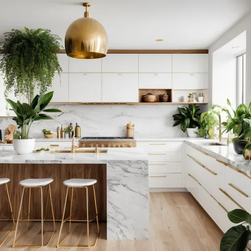 Prompt: Gorgeous open concept kitchen with wood and white, marble, gold, plants