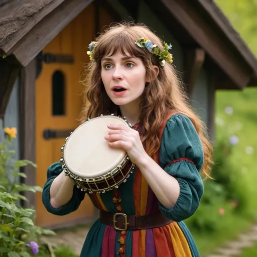 Prompt: adult kind melodramatic female singing pale skin dark blond hair nature halfling hobbit bard poet artist playing a small tambourine in colorful cottagecore chique clothing