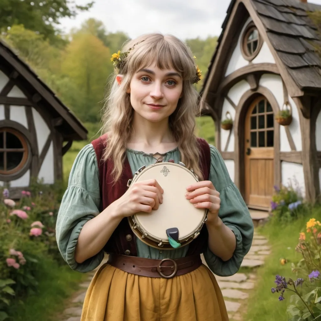 Prompt: adult female pale dark blond hair kind looking nature loving halfling hobbit bard poet artist with small tambourine in colorful cottagecore chique