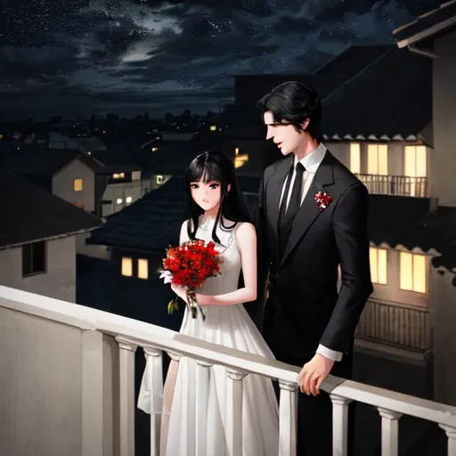 Prompt: a girl standing on the balcony of her house wearing a white dress that is short from the front and long from the back,long back hair,grey eyes,milky white skin, night time,cloudy,windy,a man holding a bouquet of red flowers he is wearing a black suit ,has black hair and he is waiting for the girl down below . the girl is looking down at the man and smiling.side look