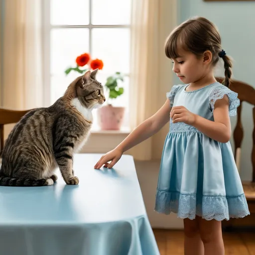 Prompt: a cat sitting on a table a table looking at a small girl who is wearing a light blue dress