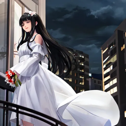 Prompt: a girl standing on the balcony of her house wearing a white dress that is short from the front and long from the back,long back hair,grey eyes,milky white skin, night time,cloudy,windy,a man holding a bouquet of red flowers he is wearing a black suit ,has black hair and he is waiting for the girl down below . the girl is looking down at the man and smiling.side look