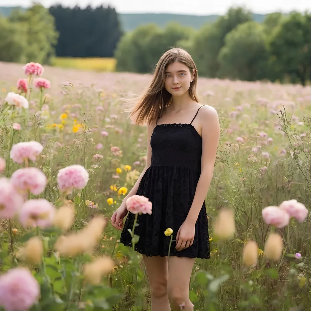 Prompt: a girl standing in  a field of flowers wearing a short black dress holding a flower