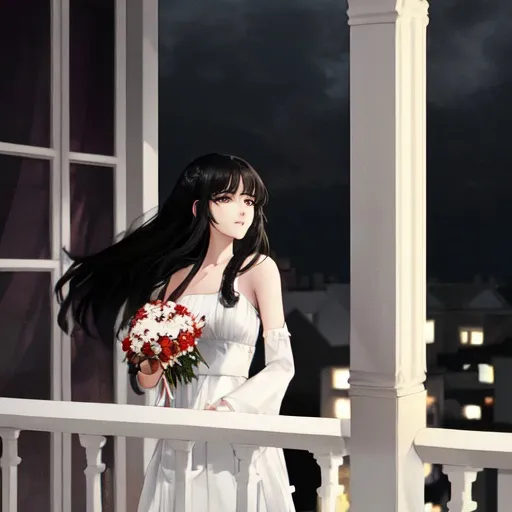 Prompt: a girl standing on the balcony of her house wearing a white dress that is short from the front and long from the back,long back hair,grey eyes,milky white skin, night time,cloudy,windy,a man holding a bouquet of red flowers he is wearing a black suit ,has black hair and he is waiting for the girl down below . the girl is looking down at the man and smiling.side look