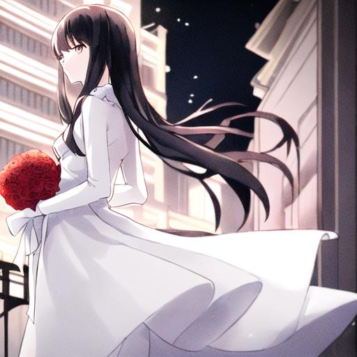 Prompt: a girl standing on the balcony of her house wearing a white dress that is short from the front and long from the back,long back hair,grey eyes,milky white skin, night time,cloudy,windy,a man holding a bouquet of red flowers he is wearing a black suit ,has black hair and he is waiting for the girl down below . the girl is looking down at the man and smiling (majicMIXfantasy)side look