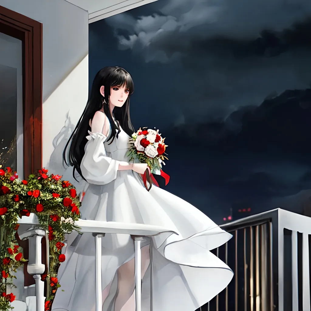 Prompt: a girl standing on the balcony of her house wearing a white dress that is short from the front and long from the back,long back hair,grey eyes,milky white skin, night time,cloudy,windy,a man holding a bouquet of red flowers he is wearing a black suit ,has black hair and he is waiting for the girl down below . the girl is looking down at the man and smiling.side look