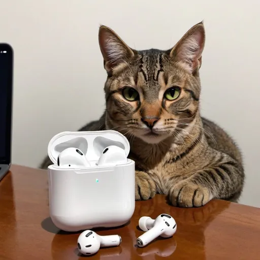 Prompt: Create a cat sitting at AirPods 