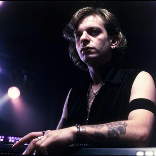 Prompt: Real music producer Tony Wilson, Nightclub, Goth Scene, Synthwave, 1980s