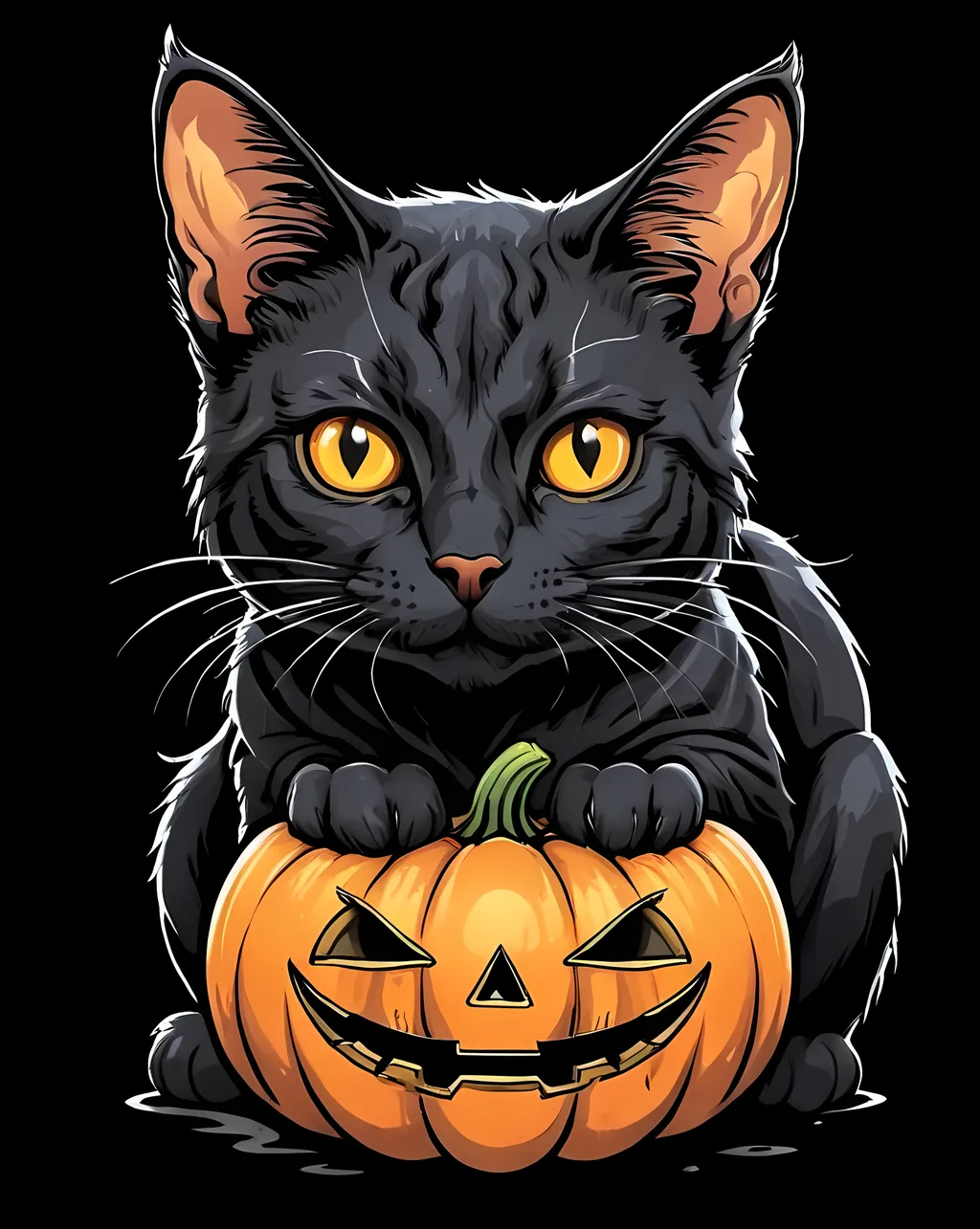 Prompt: A cat with a pumpkin face in black background.