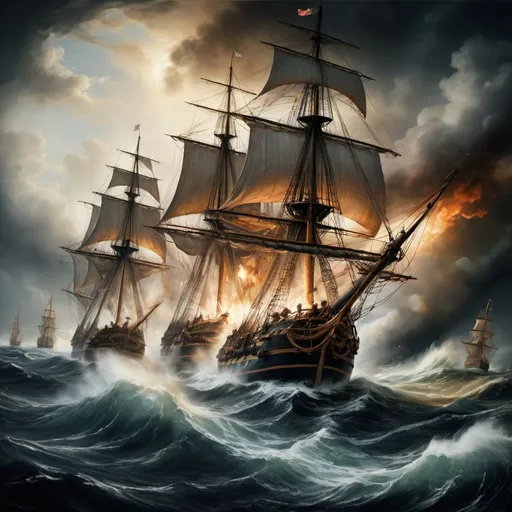 Prompt: Fierce sea battle between two sailing ships, cannon fire, crashing waves, dramatic lighting, realistic oil painting, high quality, intense action, historical, stormy seas, detailed ships, billowing smoke, dynamic composition, traditional art style, dramatic lighting, high contrast, realistic textures, turbulent waters, 18th century warfare, epic battle, powerful storytelling, dynamic perspective