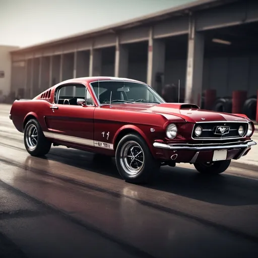 Prompt: Showroom car, classic mustang, racing tires, header, dark red, high detail, 4k resolution