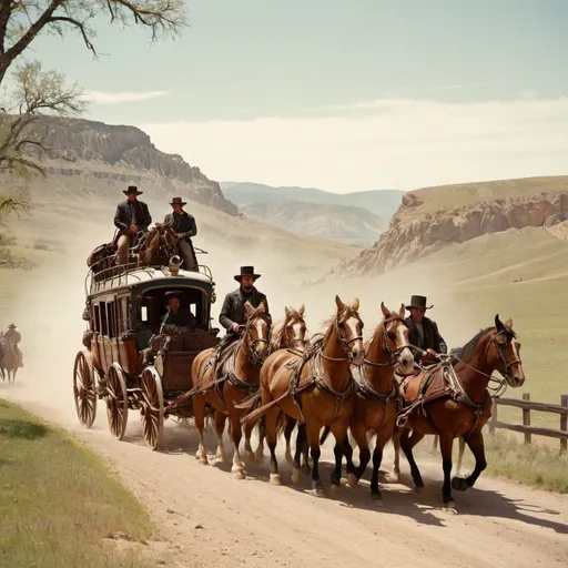 Prompt: Stagecoach traveling across western countryside guarded by several men on horses