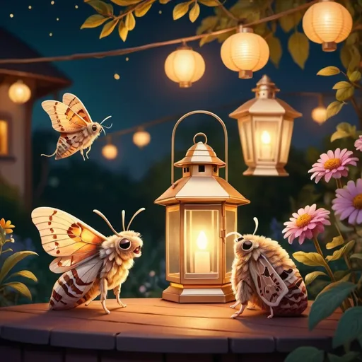 Prompt: Cute (moth) sitting under a lantern, enjoying a drink with a friend, warm and cozy atmosphere, soft golden light, night-time outdoor setting, vibrant colors, detailed lantern light effects, picturesque garden background with blooming flowers and plants, whimsical and charming scene, ultra-detailed, cinematic quality, 4K illustration