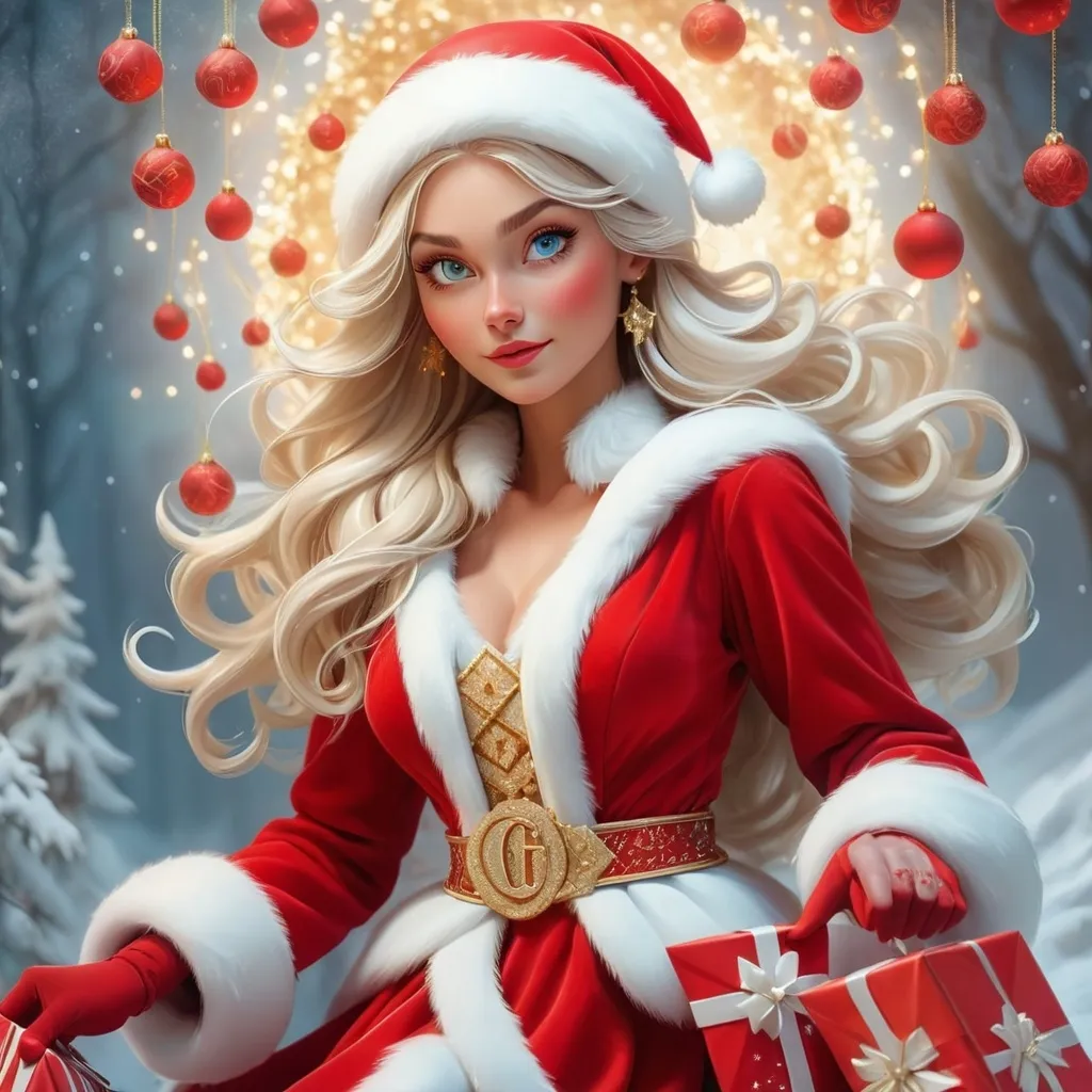 Prompt: "A stunning and enchanting depiction of a female Santa Claus, radiating beauty and charm, carrying an array of glowing and magical gifts. She has an ethereal appearance, almost like a heavenly figure, with sparkling eyes and a radiant aura. Her outfit is a luxurious monogrammed red and white ensemble, detailed with intricate golden patterns. The scene is set against a backdrop of a snowy, mystical landscape with shimmering lights and a dreamlike quality, emphasizing an awe-inspiring and attractive look."

