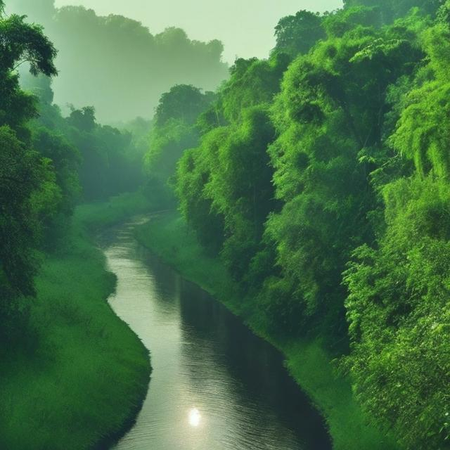Prompt: An image where I see one dull dead forest of the left side of the river, a river in the middle, and another beautiful green luscious forest on the right of the river. 