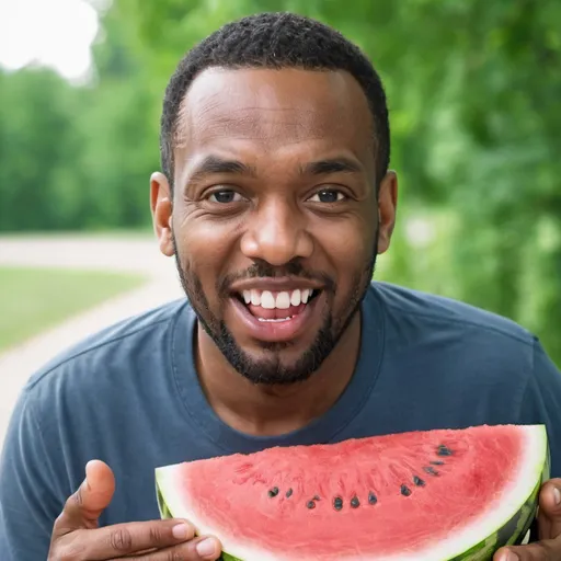 Prompt: Man really loves watermelon 


