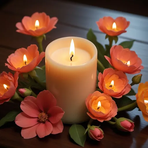 Prompt: "Imagine a scene where a candle is lit, its flame flickering softly in the dim light. From the base of the candle, delicate flowers begin to burst forth, their vibrant colors and petals unfurling as they climb up the candle, creating a mesmerizing blend of light and blooming beauty. Describe the atmosphere and emotions this enchanting transformation evokes."