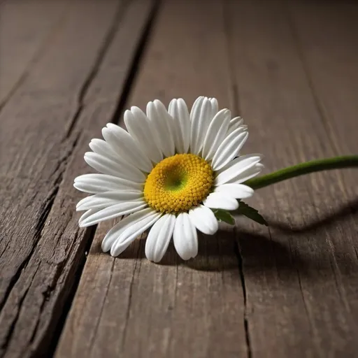 Prompt: A single daisy on a rustic wooden table.Simplicity and natural charm.