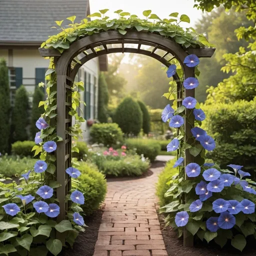 Prompt: A morning glory bloom winding around a classic garden trellis.Charming and picturesque, with a touch of traditional garden beauty. 